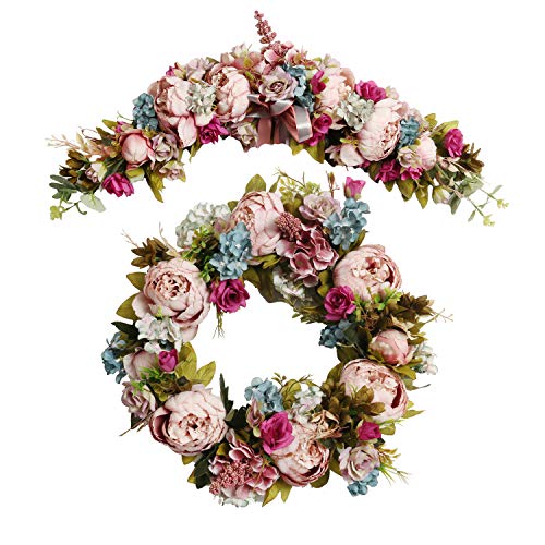 HiiARug Vintage Artificial Penoy Door Wreaths & Door Swag Set, Atificial Peony Hydrangea Wreath Floral Door Decoration Kit Silk Flower Retro Pink (16" Door Wreath+26" Door Swagï¼ŒRetro Pink)