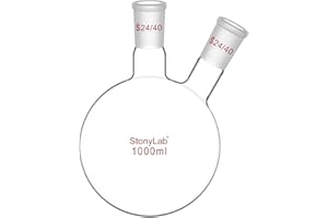 StonyLab 1000ml Glass 2 Neck Round Bottom Flask RBF, with 24/40 Center and Side Standard Taper Outer Joint - 1L (1 Liter)