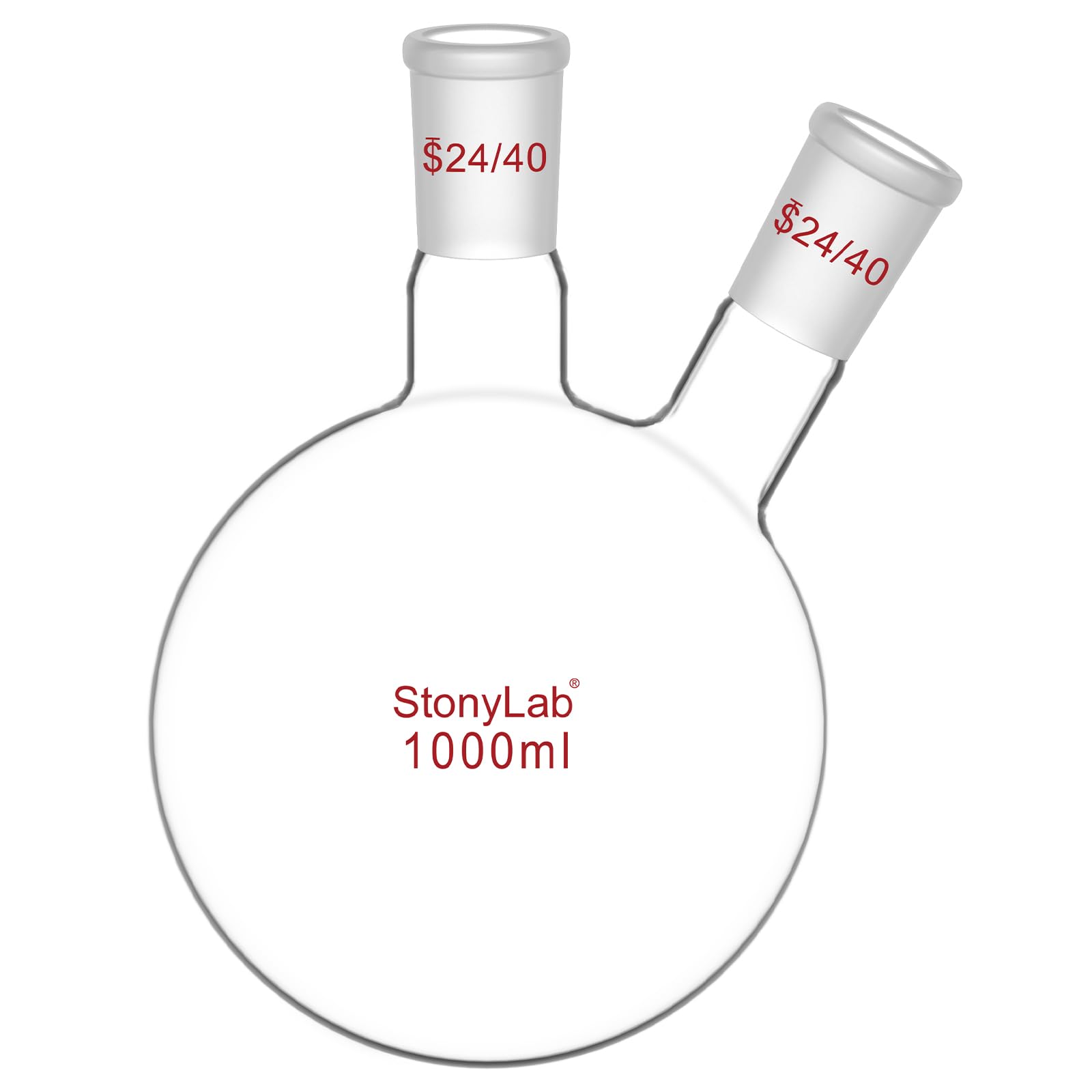 StonyLab Borosilicate Glass 2 Neck Round Bottom Flask RBF, with 24/40 Center and Side Standard Taper Outer Joint - 1L (1000ml)