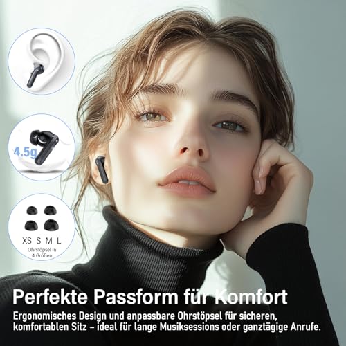 Bluetooth Kopfhörer mit Hybride Aktive Geräuschunterdrückung, In Ear Kopfhörer Kabellos Bluetooth 5.4, 6Mic, 49Std. Wiedergabe, kraftvoller Bass, 8 EQ-Modi, APP-Steuerung, kabelloses Laden, Multipoint