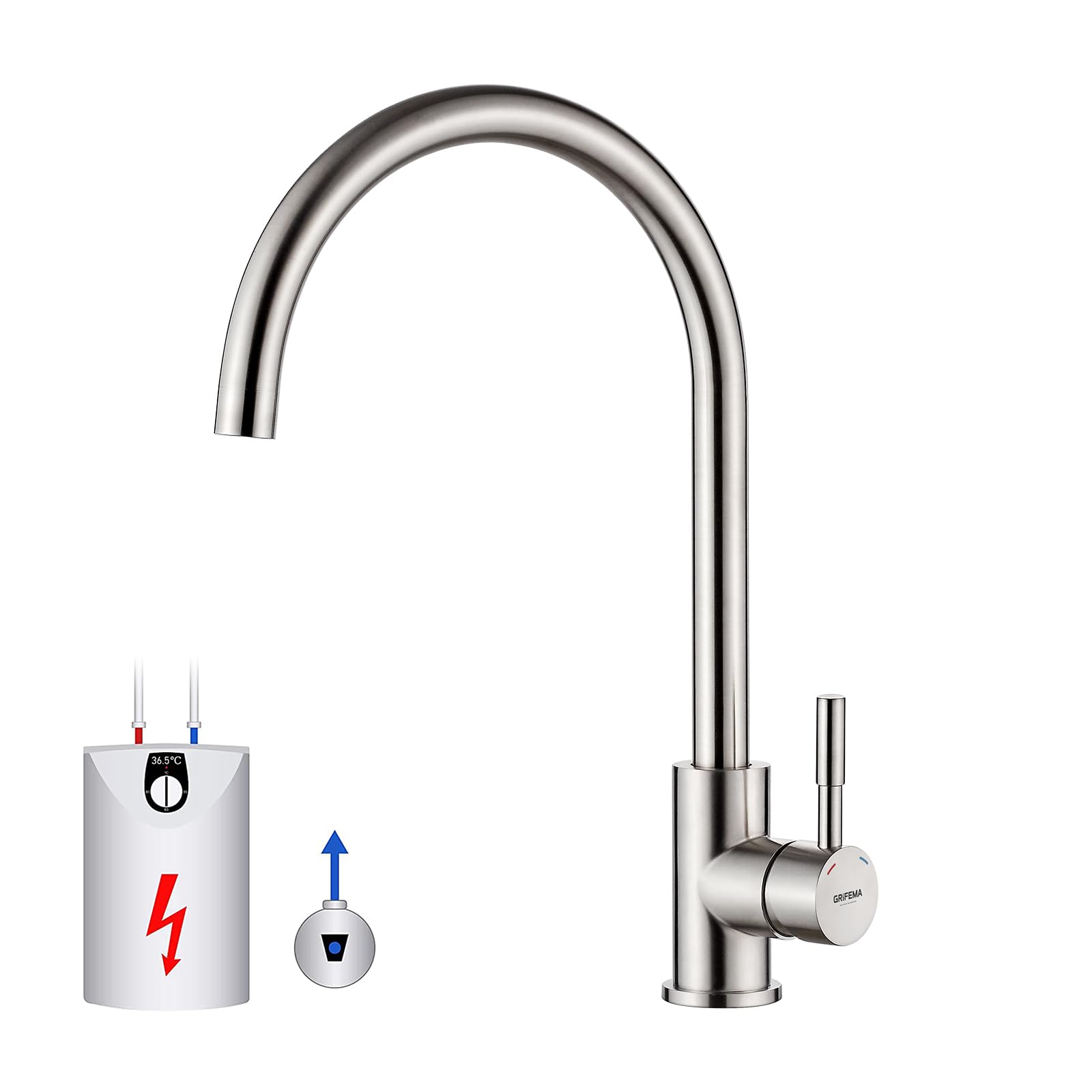 GRIFEMA G4008-98 Kitchen Sink Taps Mixer Low Pressure, Single Lever 360° Swivel High Spout for Kitchen Sink, Chrome, Silver