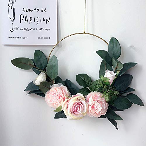 Adeeing Hoop Wreath, 15 Inch Artificial Rose Flower and Vine Wreath Garland Hanging Pendant for Wall Decor Wedding Backdrop (Pink)