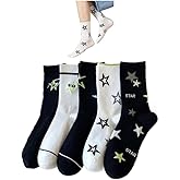 Zesenko Star Socks 5-Pairs Cute White Black Colorful Star Women’s Soft Cotton Rib Mid-Calf Socks