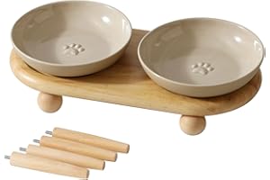 Havniva Raised Ceramic Wide Whisker Friendly Cat Dishes, Anti-Slip Food& Water Bowl with 2 Style Stand Adjustable Pet Bowl Set(2Dish+Stand, Vintage Latte)
