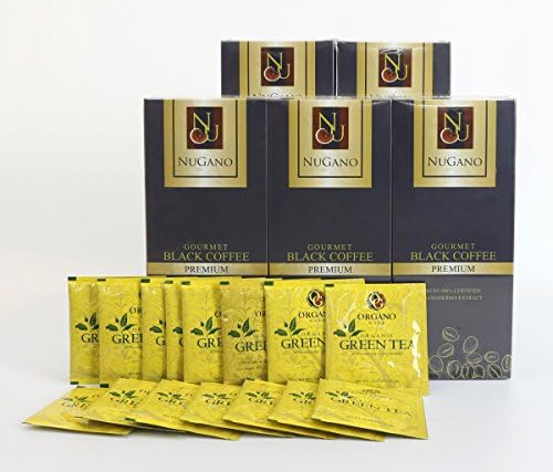 (5) NuGano Ganoderma Lucidum Extract Coffee with Zero Calories Free + Low Caffeine <2.25% + No Anxiety, Free (15) Organo Gold Green Tea Sample Sachet