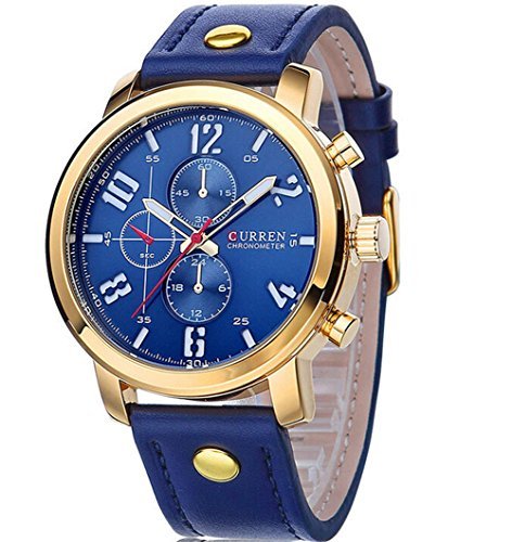 CURREN Men's Sport Style Steel Stainless Case Steel Strap Quartz Watch (Red) (2015 New, Blue)