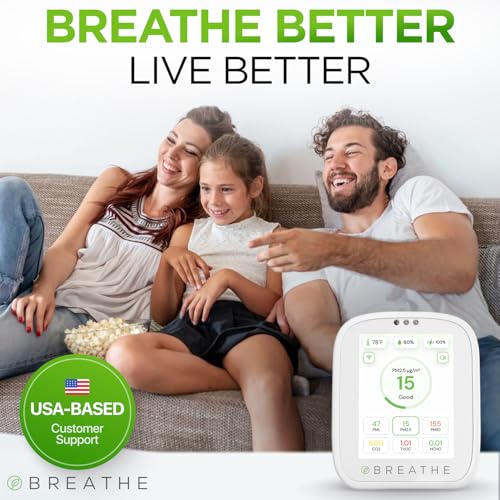 BREATHE Airmonitor Plus Indoor Air Quality Monitor – Smart CO2, PM1 PM2.5 PM10, VOC & Formaldehyde Sensor | Professional-Grade Air Monitor with App