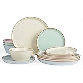 Famiware Saturn Dinnerware Sets, Plates and Bowls Sets for 4, 12 Pieces Stoneware Dish Set - Chip and Scratch Resistant, Microwave and Dishwasher Safe Tableware Set, Multi-color with Rim