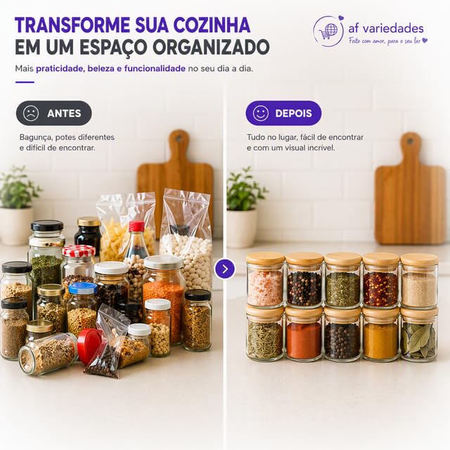 Kit 10 Potes Herméticos de Vidro 250 ml com Tampa de Bambu Redondo | Conjunto de Porta Mantimentos | Organizador de Cozinha com Vedação de Silicone para Temperos, Grãos, Café, Açúcar e Alimentos