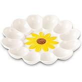 Ceramic Deviled Egg Platter 12 Slots Sunflower White Petal Serving Tray | 12-slot ceramic deviled egg platter featuring a white petal border design and a vibrant 3D sunflower center.
