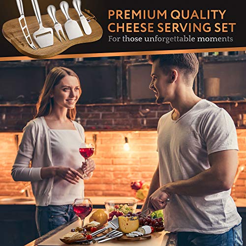 Cheese Board Serving Set, Wooden Charcuterie Platter and Serving Meat Board - 100% Acacia Hardwood Platter with Stainless Steel Cutlery - 3 Cheese Knives, Cheese Fork, Cheese Slicer. Bonus Corkscrew. - Thumbnail 5