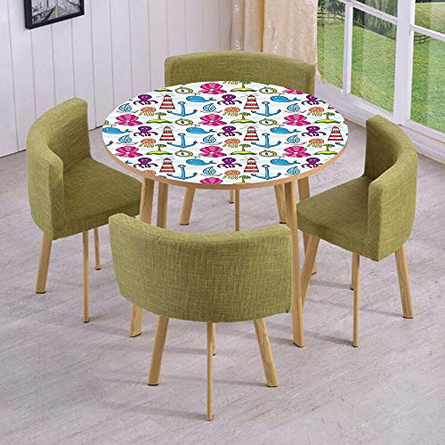 iPrint Round Table/Wall/Floor Decal Strikers/Removable/Whale Boat Island Anchor Octopus Jellyfis Lighthouse and Beach Theme Cartoon Art/for Living Room/Kitchens/Office Decoration