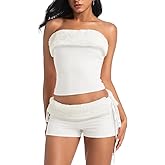 EHSUYAB Women 2000s Sexy Two Piece Sets Club Outfits, Strapless Bandeau Tube Top Going Out, Low Rise Booty Micro Shorts Rave