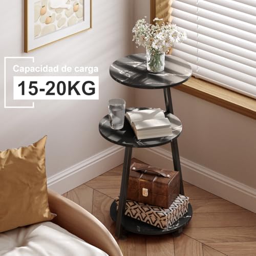 Simple Wisdom Mesa Auxiliar,Mesa Auxiliar Sala Redonda Lateral 3 Niveles,Mesita de Noche,Buros para Recamara,para Sala de Estar, Dormitorio, Estilo Industrial,Tamaño: 30 * 30 * 60 CM. (Mármol+Negro)