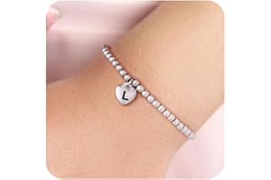 Anoup Silver Initial Bracelets for Women - Stainless Steel Beaded Bracelets, Letter Heart Charm Friendship Bracelets | Cute Silver Jewelry for Women Girls