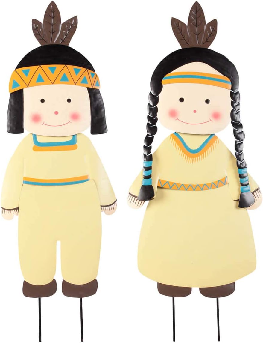 Decorative Garden Stakes - Miles Kimball Native American Boy and Girl Lawn Stakes, Thanksgiving Yard Décor, Metal, Each 29” High