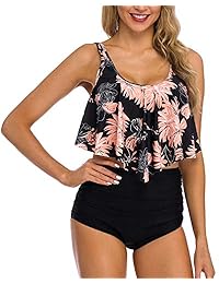 Coskaka Trajes de baño de dos piezas con cuello alto y volantes en la parte superior y cintura alta para dama