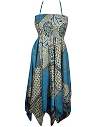 Women Halter Dress Handkerchief Hem Vintage Upcycled Silk Printed Summer Beachwear Sundress
