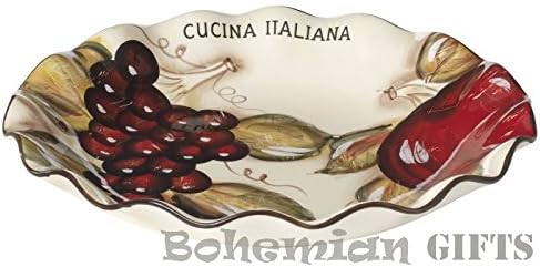 BohemianGiftsClassic Cucina Italiana Large Ceramic Scalloped Round 13 Inch Pasta Serving Bowl Salad Bowl Soft White Fruit Decor