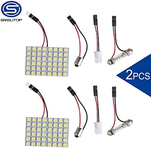 Smautop LED Panel Dome Light 48smd 6500K 600 Lumens White LED Panel Dome Light Lamp + T10 BA9S Festoon Adapter Pack of 2 - 1 Year Warranty