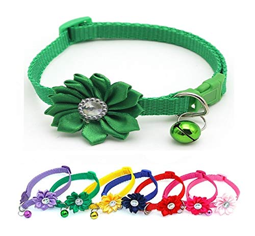 Small Dog Puppy Pet Collar Flower Floral Decoration with Bell Nylon Adjustable Size 19-32cm Green