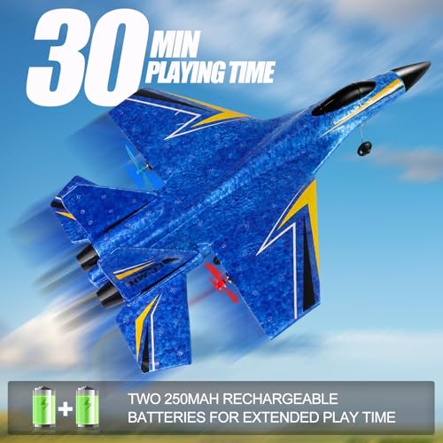 Uniiking® Remote Control Airplane for Kids, 2 Channels Foam Rc Planes Wireless Toy, Cool Light,Hobby Rc Glider Aircraft Gifts for Beginners Teen Boys Girls Adult (Blue+2PCS Battery)