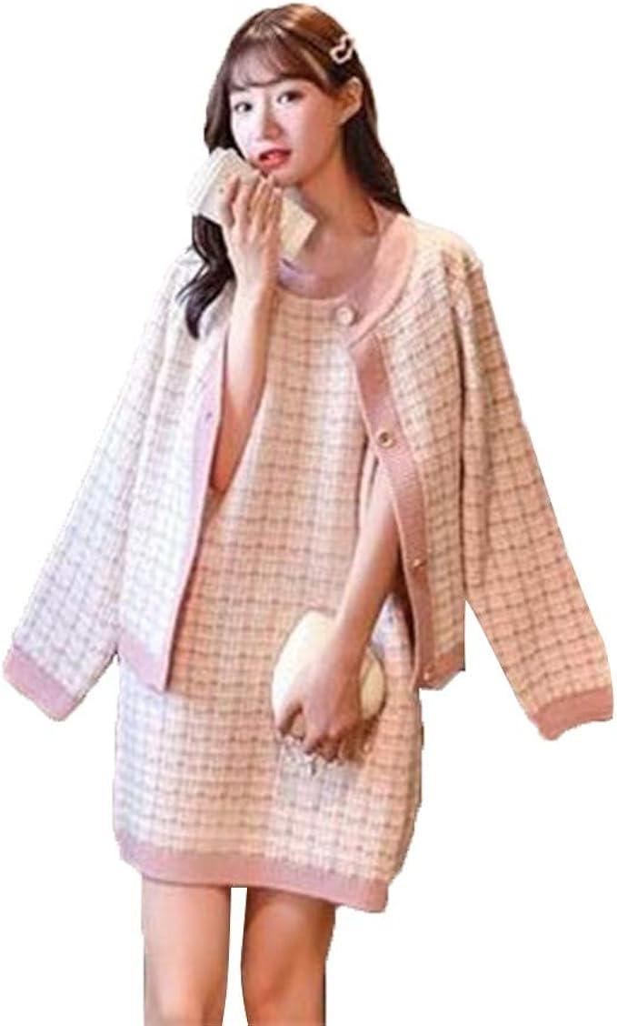 ニットワンピースセット 2点セット レディース Aライト ワンピース コート チェック柄 羽織 韓国風 スリット ピンク ワンピース チュニック 通販 Amazon