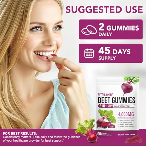 Beetroot Gummies, 90 Gummies 20:1 High-Concentration Beetroot Extract Supplement with Vitamin C, B12, Grape Seed Extract & Black Pepper, Boost Energy Levels, Supports Immune & Heart Health