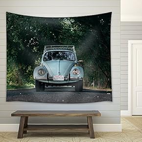 Vintage Car Driving The a Lane with Trees - Fabric Wall Tapestry Home Decor - 51x60 inches