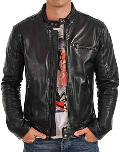 Mens Stylish Fashionable Slim Fit Motorcycle Bomber Cow Leather Jacket C504 S Black