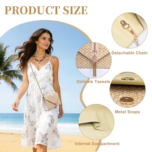 Larcenciel Women's Straw Bag, Women's Tassels Summer Beach with Detachable Chain, Elegant Boho Envelope Raffia Clutch Party, Casual Shoulder Bag Hand Wallet for Weddings Holidays, 21.7 x 5.5 x 13.5 cm