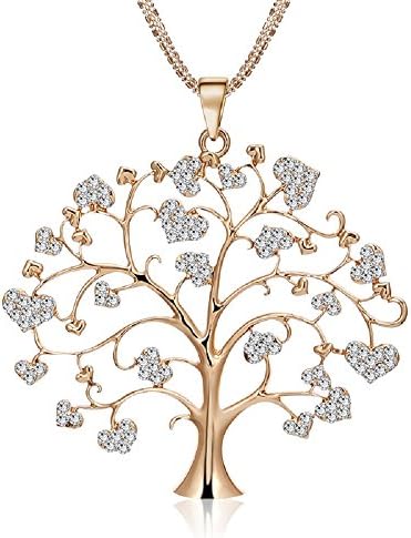 YYC STORE Gold Heart - shaped crystal necklace creative life-tree pendant sweater necklace for women or girls