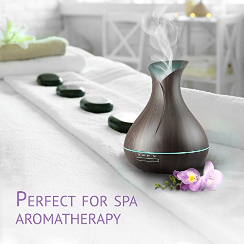 Essential Oil Diffuser 400ML 8h, Ultrasonic Air Humidifier, BPA Free, 7 Color LED Lights Lamp, Auto Shut-off, Black Olive Wood Grain. Cool Mist Machine for Home Office SPA EO Aromatherapy, Aroma Scent