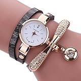 Inkach Women Leather Rhinestone Analog Quartz Wrist Watches Sport Watch Gift (Black)
