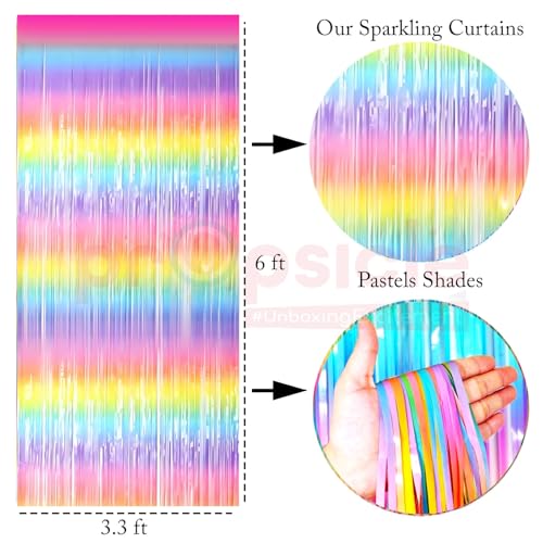 Propsicle Pastel Rainbow Metallic Foil Fringe Curtains 3x6 Ft Each, Pack of 2 - Shimmer Party Backdrop for Birthday, Baby Shower, Princess Unicorn Theme, Anniversary, Photo Booth, Wall Decoration