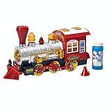 Toy Steam Train Locomotive Car w/ Lights & Sounds & “Steam” Bubbles, Battery-Powered Bump N’ Go Motion by Brunfen Toys