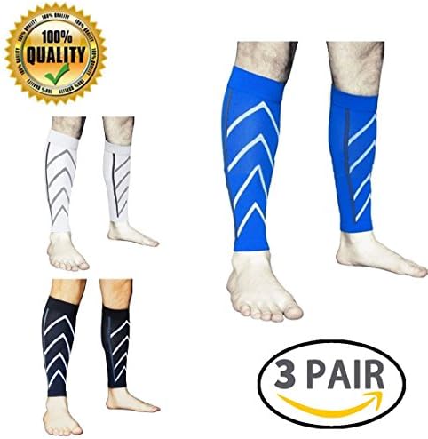 LJ Sport Calf Compression Leg Sleeves Leg Cramp Compression Support Sleeve Fit for Running Jogging Cycling Fitness Exercise Enhanced Performance for Men and Women (Black+White+Blue)