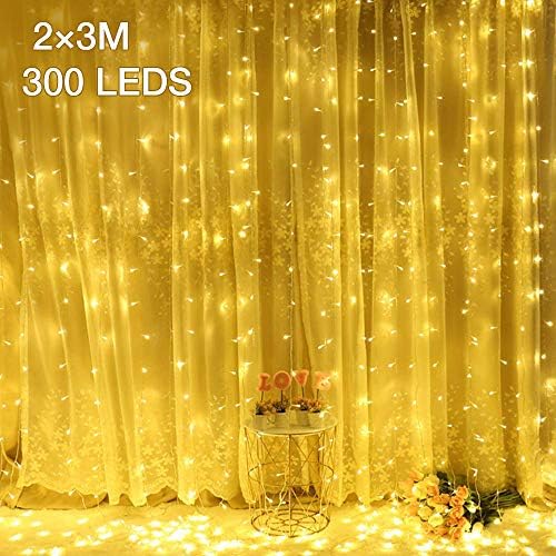 Ulinek LED String Curtain Lights 2×3m Warm White Outdoor Christmas Fairy String Lights Plug-in 300 LEDs Decor Lights Indoor Twinkle Starry Lights for Christmas Garden Window Bedroom Wall Wedding Party