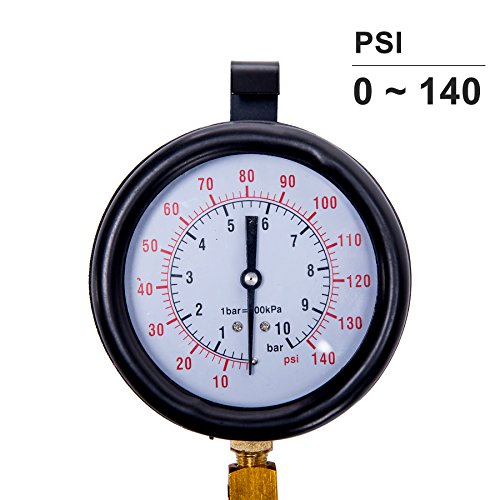OrionMotorTech Professional Fuel Injection Pressure Tester Gauge Tool Kit with Complate Adapter Fitting Set,Dual Scale for Max 140 PSI (10 Bar)