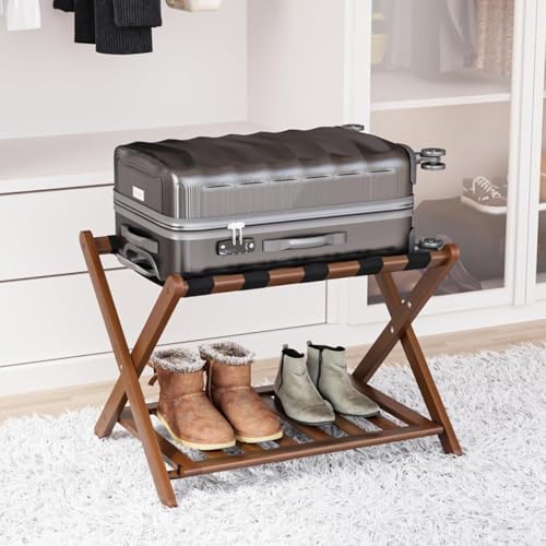 Folding Luggage Rack, Bamboo Suitcase Stand for Guest Room, Luggage Holder with Shoe Storage Shelf for Bedroom, Guest Room, Hotel, 68*45*55CM Brown
