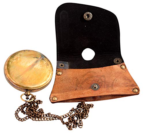 MAH Brass Sundial Compass with Leather Case and Necklace Chain - Push Open Compass - Steampunk Accessory - Antiquated Finish - Beautiful Handmade Gift -Sundial Clock C-3047
