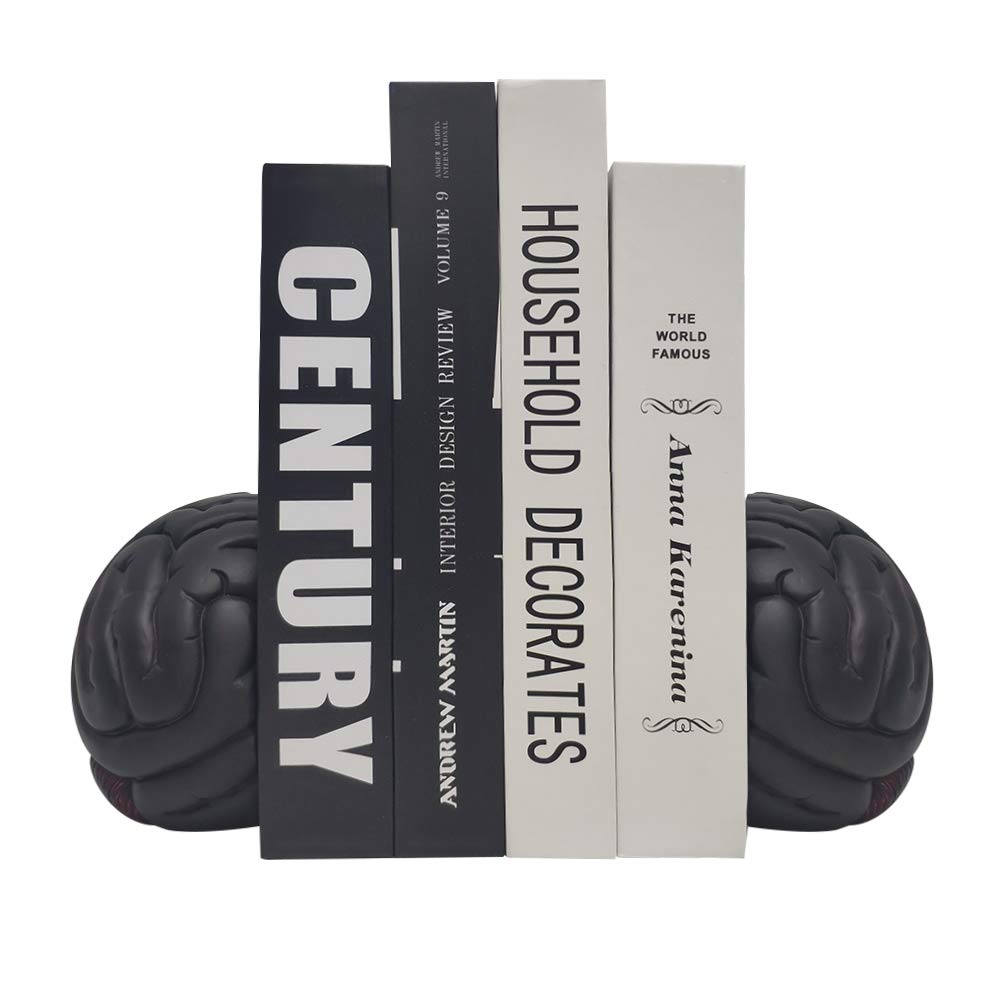 Carchistan Brain Bookends Novelty Book Holders, Decorative Book Ends Stoppers for Shelves, Black Heavy Duty Book Ends for Shelves Desk Decoration,6"(L) x6(W) x4.5(H), 1Pair/2Piece