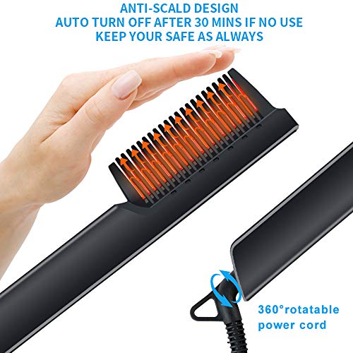 Hair Straightener Brush Ceramic Heating,Beard Straightener Comb,6 Temperature Control,Anti-Scald,Frizz-Free,30s Fast Heat Up, Auto Off,360 Swivel Cord, Portable Hair Straightening Comb,For Men & Women