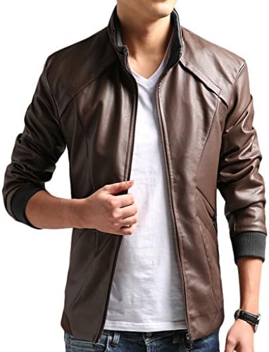 Cheering PU Faux Feathers Leather Moto Jacket For Men Casual Wear Coat Brown Wool X-Large