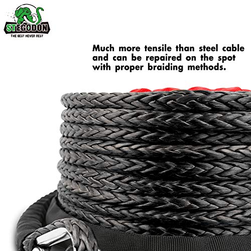 STEGODON 3/8" x 100ft Synthetic Winch Rope 23,809lbs Dyneema Winch Cable Line with Hook and Sleeve Protection Car Tow Recovery Cable for 4WD Off Road Vehicle Truck SUV Jeep(Black) - Image 3