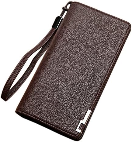 Mens Retro Litchi Pattern Long Wallet Purse Card Holder Bifold PU Leather Notecase Cellphone Pouch with Wrist Strap (Brown)