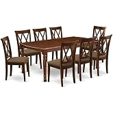 HomeStock 9 Piece Kitchen Table &amp; Chairs Set Includes A Rectangle Dining Table with Leaf and 8 Linen Fabric Dining Room Chairs, 42X78 Inch, Mahogany