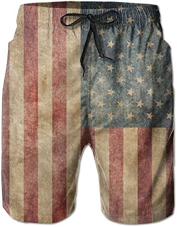 Customized Retro American Flag Pattern Shorts For Men Elastic Waist Pockets Lightweight Beach Shorts Boardshort X-Large