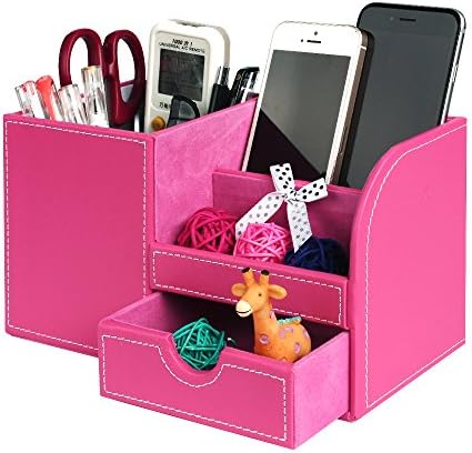 Leather Desk Organizer with Drawer, Juliell Multi-function Desk Storage Box Stationery Organizer Pen, Pencil, Name Cards, Cell Phone, Key, Remote Control Holder for Home, Office, School(Medium, Pink)