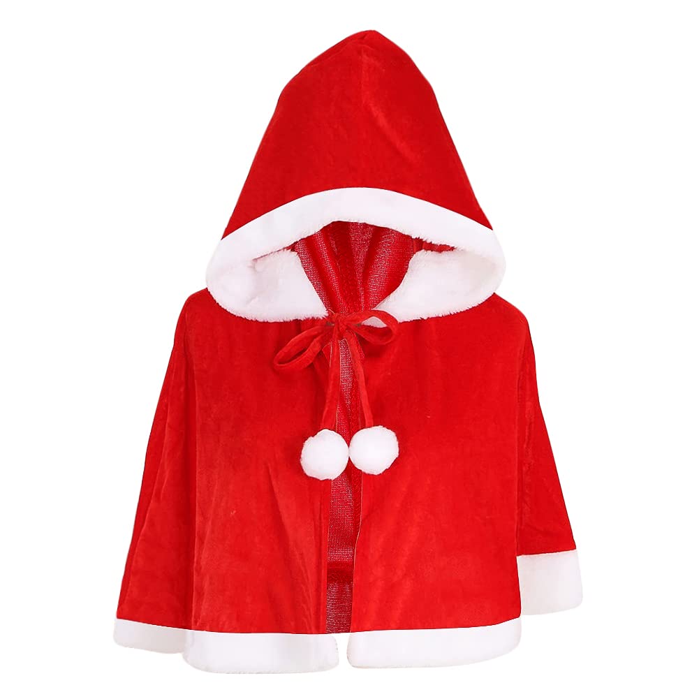 Kids Christmas Hooded Cloak Cape Santa Costume Christmas Outfit Fancy Dress Red Xmas Hooded Cape Velvet Santa Claus Short Robe Father Christmas Cloak Cosplay Party Dress Up for Boys Girls Toddler